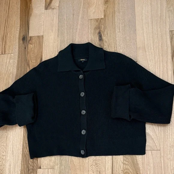 Quince 100% cotton cropped collared fisherman cardigan sweater black L - Picture 1 of 5